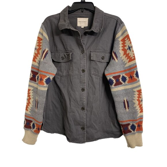 Thread & Supply L Gray Button Up Shacket Aztec Knitted Sleeves 4 Pockets - Picture 1 of 8